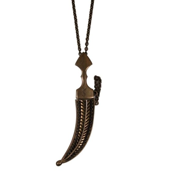 Saint Laurent YSL Logo Dagger Pendant Necklace Bronze Tone Chain Link Sword - Picture 1 of 9